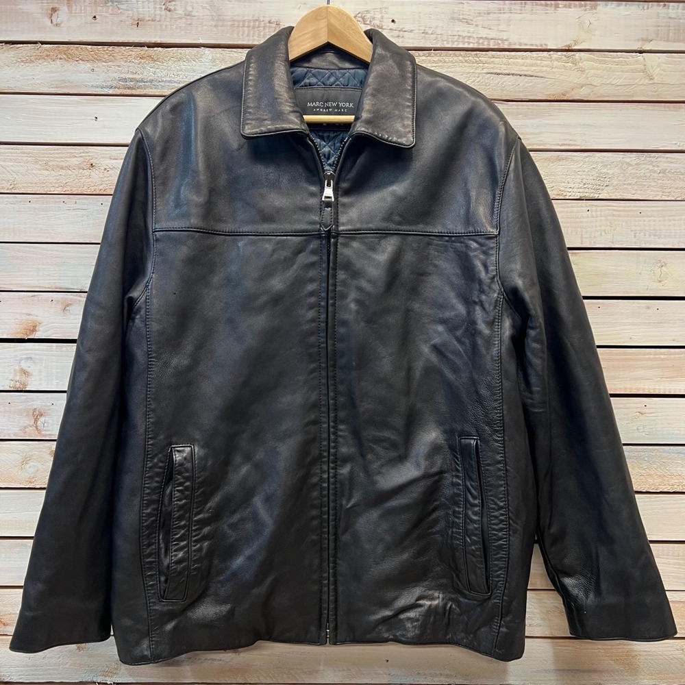 Vintage Marc New York Black Leather Jacket Quilted Lined Moto‎ Classic Mens L